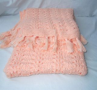 Vintage Knitted Crocheted Afghan Bed Throw.  64 " X 84 " Solid Peach Color