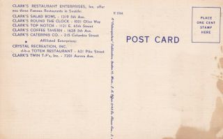 Clark ' s Restaurants Seattle Washington Linen Postcard 1940 ' s 2