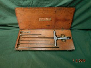 Vintage Machinist Tool L.  S.  Starrett No 445 Depth Gauge Wooden Case User Tool