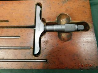 Vintage Machinist Tool L.  S.  STARRETT No 445 Depth Gauge Wooden Case User Tool 2