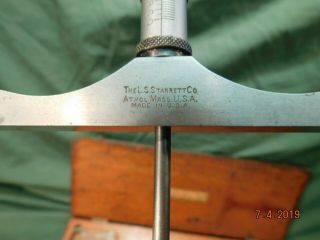 Vintage Machinist Tool L.  S.  STARRETT No 445 Depth Gauge Wooden Case User Tool 4