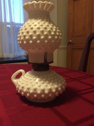 Vintage 9/ 1/2 “small Milk Glass Hobnail Oil Lamp & Shade