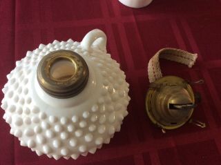 Vintage 9/ 1/2 “Small Milk Glass Hobnail Oil Lamp & Shade 3