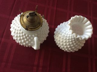 Vintage 9/ 1/2 “Small Milk Glass Hobnail Oil Lamp & Shade 4