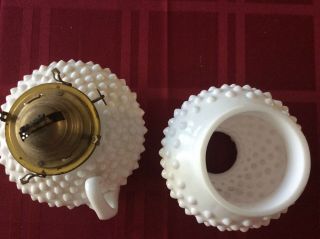 Vintage 9/ 1/2 “Small Milk Glass Hobnail Oil Lamp & Shade 5