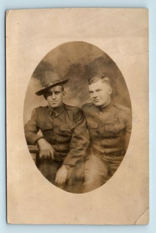 Affectionate Soldiers - Wwi Era Studio Portrait - Vtg Photo Rppc - Gay Int