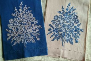 2 Vintage Hand Embroidered Linen Tea Towels Floral Designs Pink & Blue