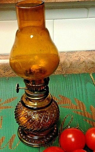 Vintage Miniature Oil Lamp,  Amber Base With Matching Amber Shade.  Hong Kong