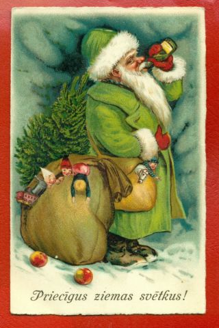Latvia Lettland Christmas Santa Claus Green Robe Vintage Postcard 841
