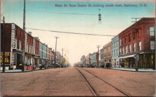 1910 Hand Colored Main Street View Salisbury Sc Post Card Pc11