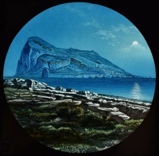 Antique Magic Lantern Slide The Rock Of Gibraltar At Night C1890 Drawing