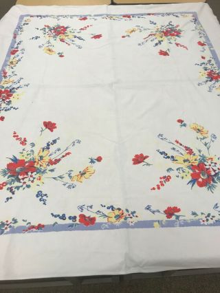 Vintage Blue Red Yellow Floral Printed 1950 - 60’s Tablecloth 63 " X 76 " Cotton