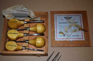 Vintage Millers Falls Carving Tool Set No 107 Chisels Honer W/stone,