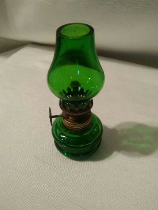 Vtg Miniature Oil Lamp Dark Green Glass