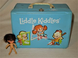 1968 Vintage Liddle Kiddles Blue Vinyl Lunch Box & 1 Doll Mattel