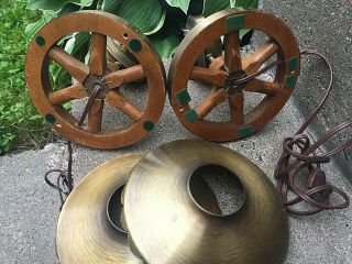 2 Vintage Wagon Wheel Wooden Light Fixtures Wall Sconces / Western Look 3