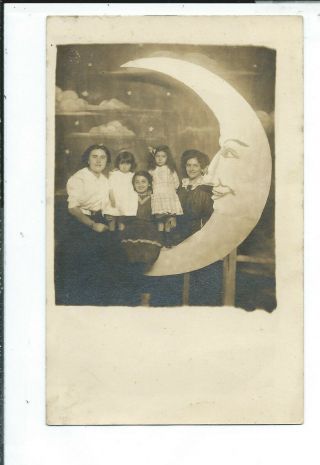 Studio Pose Rppc Postcard Women Girls Sitting On Paper Moon