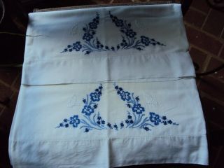 Vintage White Cotton Blue Embroidered Flowers Butterfliespillow Cases (set Of 2)