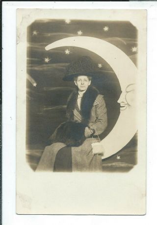 Studio Pose Rppc Postcard Lady With Stole Muff Hat Purse Sitting On Paper Moon