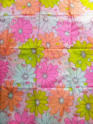 Vintage Mod Flower Power Daisy Floral Fabric 56 X 112 Inches Pink Orange Green