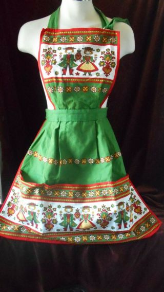Vintage Apron With Dutch Girl & Boy Hearts And Flowers Green,  Red,  White,  Yellow