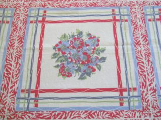 Vintage Cotton Tablecloth W/ Red - Blue Flowers - Red & White Border - 49x47
