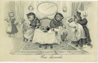 Artist Drawn Old Postcard Anthropomorphic Cats Couple In Discord Baby Embossed