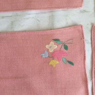 Set Of 6 Antique Placemats Napkins Linen Pink Hand Appliquéd Embroidered Floral