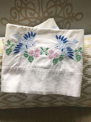 Sweet Embroidered Vintage Cotton Pillowcases Blue Birds Flowers