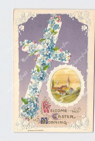 Ppc Postcard Easter Winsch Cross Flowers Church Embossed