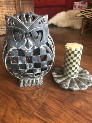 Mackenzie Childs Large Check Owl Candle Holder Statue Figurine,  Approx.  14”x10”