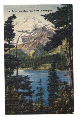 Mt.  Baker And Reflection Lake Mount Rainer Park Washington Postcard Linen