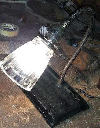 Vintage Goose Neck Cast Iron base Industrial Desk Lamp Glass Shade 2