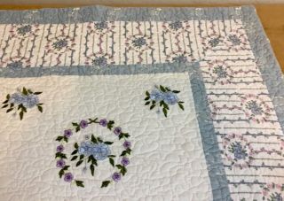 Patchwork Quilt Wall Hanging,  Flower Embroidery Design,  White,  Pink,  Blue,  Green 2