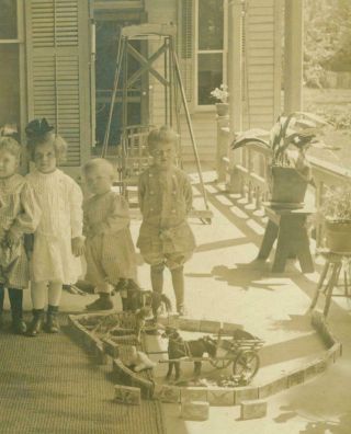 C1915 Child S Play On Porch Steiff Antique Toy Cat,  Horse On Wheel S Wood Blocks