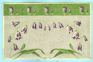 Embossed,  Textured Silver Back,  " Best Wishes ",  Bunch Of Purple Flowers.