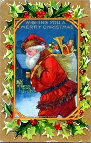 Antique Gel Postcard Santa Claus W/ Toys Christmas Eve Clapsaddle Gold Embossed