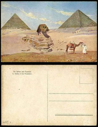 Egypt R.  Carl Artist Signed Old Postcard Cairo Sphinx And Pyramids,  Camel Desert