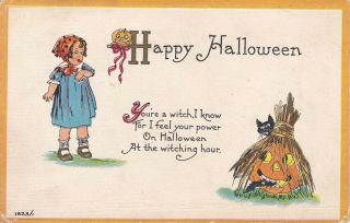 Old Vintage Halloween Postcard Very Cute Little Girl Jol Black Cat Poem