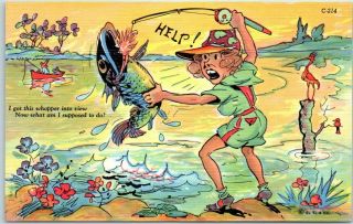 1940s Ray Walters Linen Postcard Woman Fishing Curteich Whopper Fish Comics C214