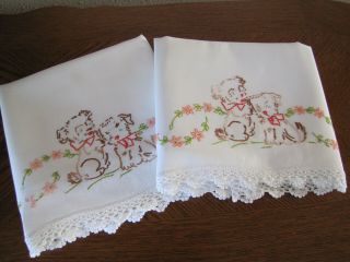 Vintage Pillowcases Embroidered Crocheted Puppies & Asters So Cute