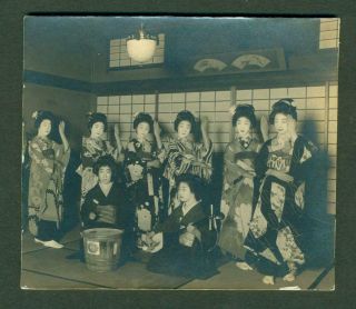 Vintage Photo Japanese Geisha Girl S & Musician S,  Drum 3 String Shamisen,  Japan