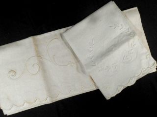2 Vintage Linen Guest Hand Tea Towels Wht Work Embroidered Cartouches,  Very Long