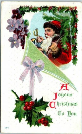 1910 " Joyful Christmas " Embossed Postcard Santa Claus Red Suit Brown Fur Trim