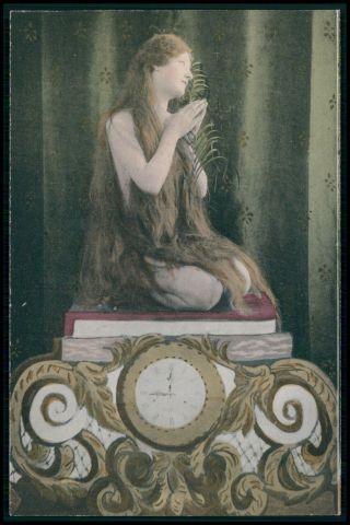 Photogravure Nude Woman With Long Hair On Clock Old 1900s Postcard