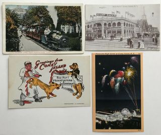 4 Vintage Coney Island Ny Postcards - Train Roller Coaster Fireworks Comic
