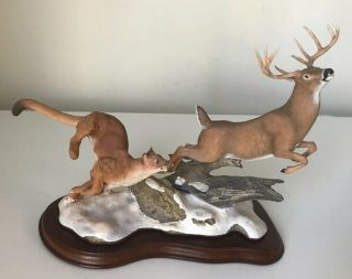 Danbury Hot Pursuit Sculpture By Nick Bibby Wooden Stand Deer Cougar Rare