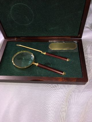 Vintage Magnifying Glass And Letter Opener Desk Set In Wooden Box
