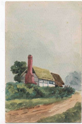 Hand Painted Postcard Of A Cottage In A Rustic Scene,  C1910