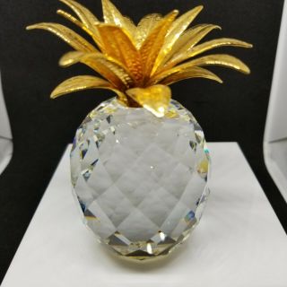 Swarovski,  Crystal Large Pineapple Paperweight,  Gold Hammered Leaves 4 1/8 "